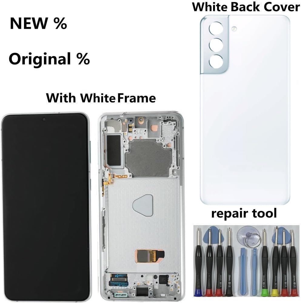 6.7" AMOLED Original for Samsung Galaxy S21 Plus Display Touch Screen Digitizer Assembly S21plus 5G G996U G996U1 G996W G996B G996B/DS LCD Screen Replacement (with White Frame+Back Cover+Tools)