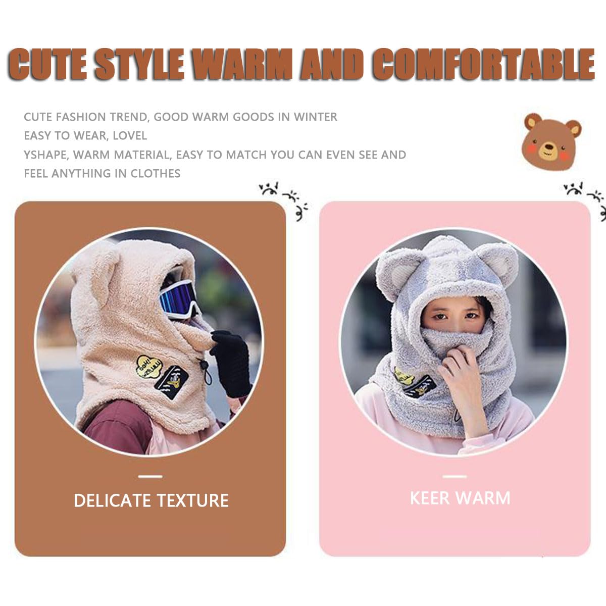 NURCOIOX Parent-Child Cute Helmet Covers, Winter Ski Bear Ears Cartoon Helmet Cover, Hat Face Covers Scarf Funny Helmet Cover-C