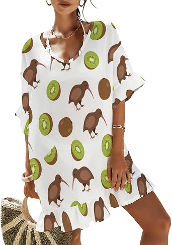 VKPSCHJ Swimsuit Coverup for Women Short Sleeve Womens Beach Dress Kiwi Birds Fruits,Small