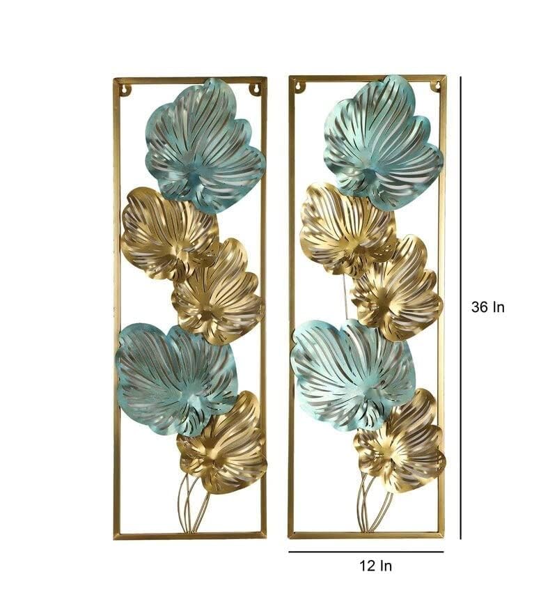 Image of SHREE 'O' GREEN TECH Metal Multicolor Big Leaves Metal Wall Art Room Decor Aesthetic, Set of 3 Golden Frame Wall Sculptures, Wall Decor for Living Room, Bathroom Bedroom or Kitchen Decor
