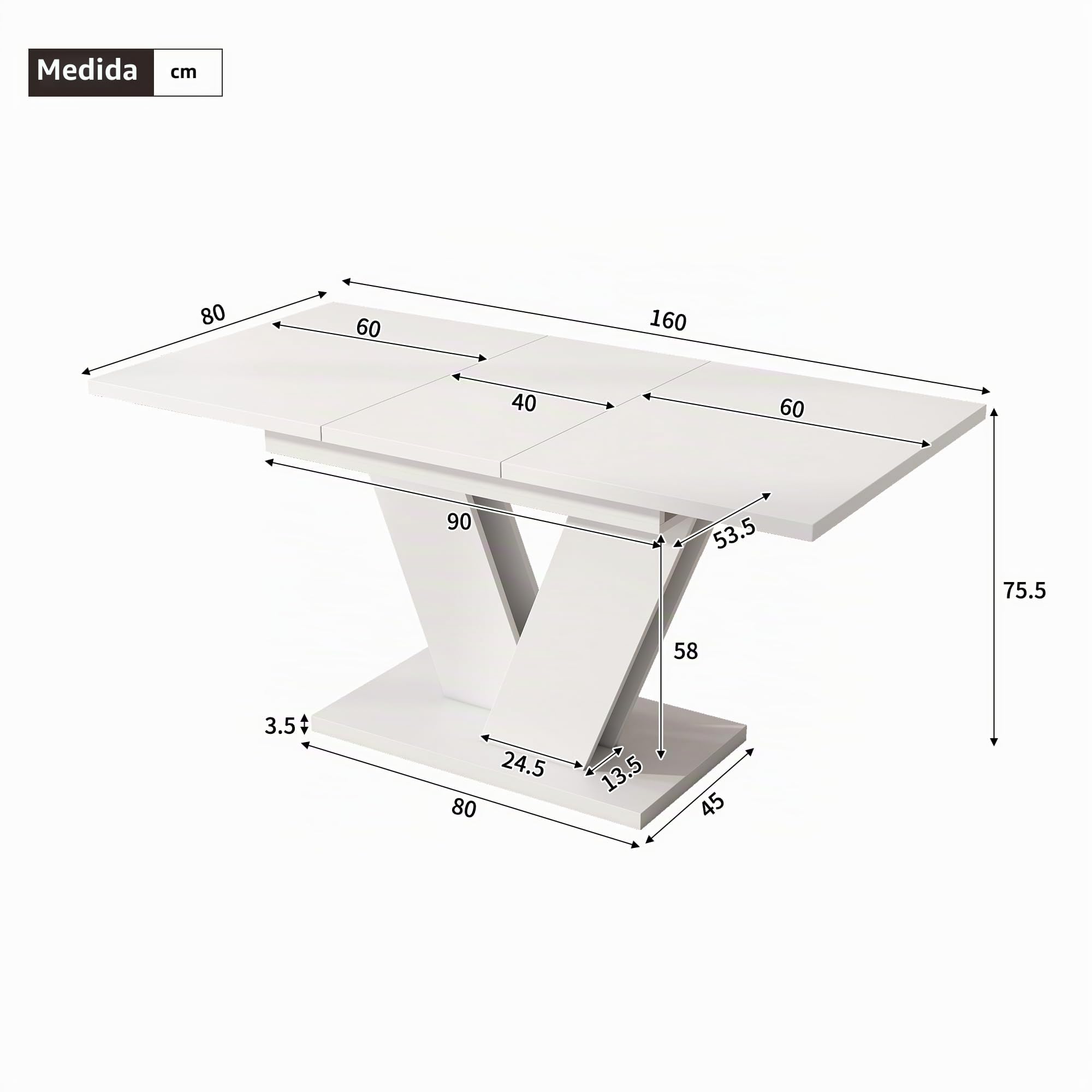 Mesa de comedor extensible 120/160 x 80 x 75,5 cm, adecuada para 4-6 personas, mesa rectangular de madera, mesa de madera gruesa, patas en forma de V, mesa de comedor extensible, color blanco