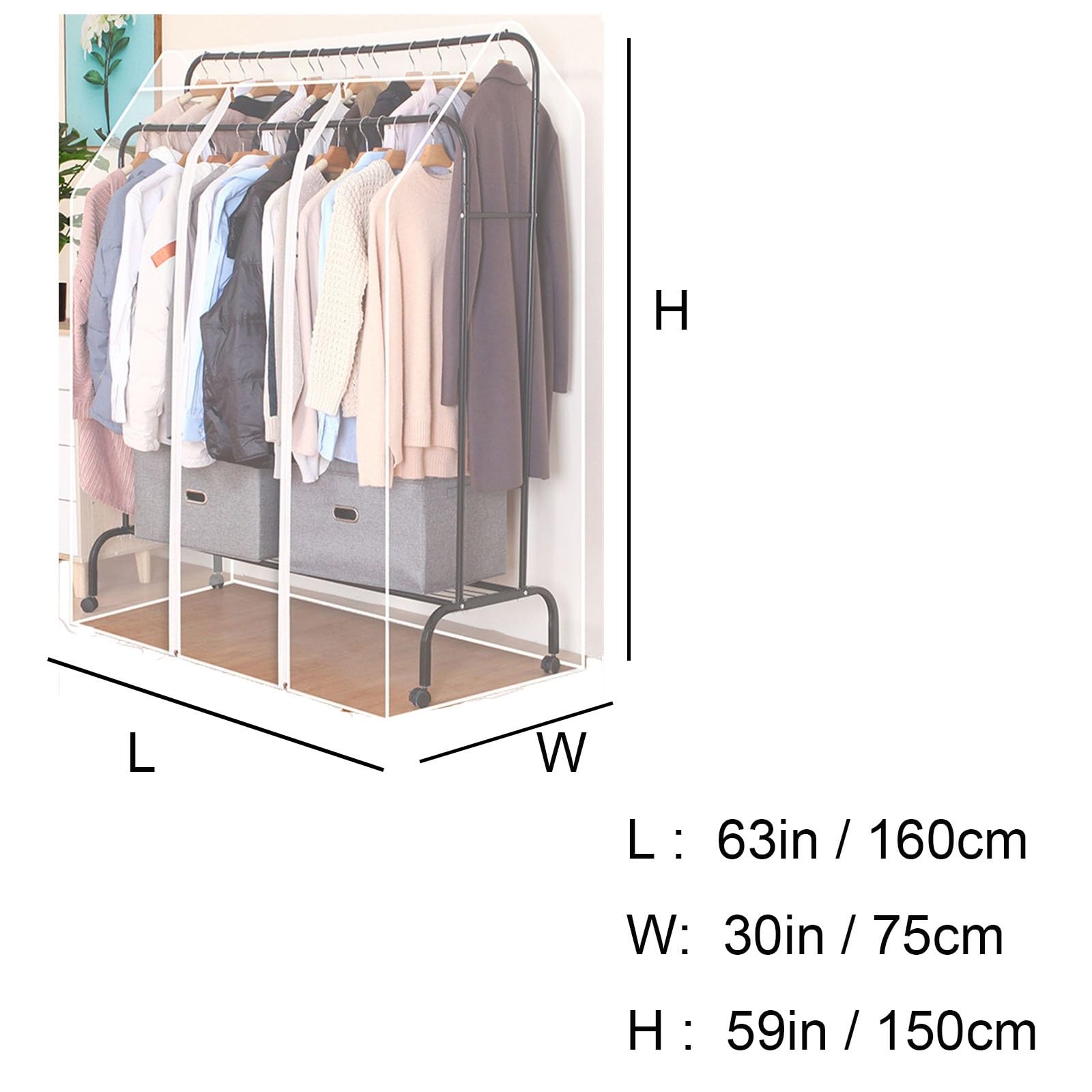 Wasserdichte Kleidersack, Abdeckung Kleiderständer mit Reißverschluss, Nur für Hohe und Niedrige Doppelkleiderständer Geeignet(Clear,63x30x59in/160x75x150cm)