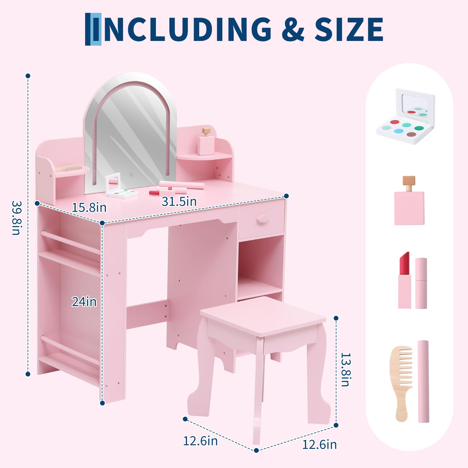 Coiffeuse Enfant Fille avec Miroir LED Lumineux et Tabouret, Bureau Enfant 2 en 1 avec Tiroir et Étagères, Coiffeuse en MDF à Bords Arrondis pour Chambre d'Enfant, Cadeau pour Fille de 3 à 8 Ans
