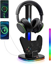 JDGPOKO Controller Charger with RGB Headphone Stand for Xbox Series X|S/One/One X/One S, XSX Controller Charger Station with 2 USB Charging Ports, Headset Stand for Xbox Charging Station Dock, Black