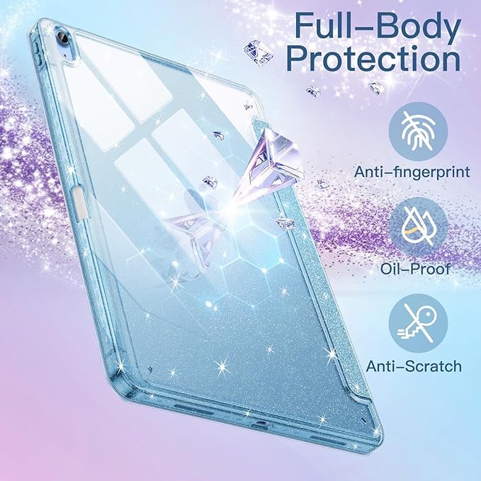 Image of ProElite Case Cover for Apple iPad (A16) 11th /10th Generation (2025 /2022), Transparent case Cover with Pencil Holder for iPad 11th /10th Gen 2025 /2022, Glittering Light Blue