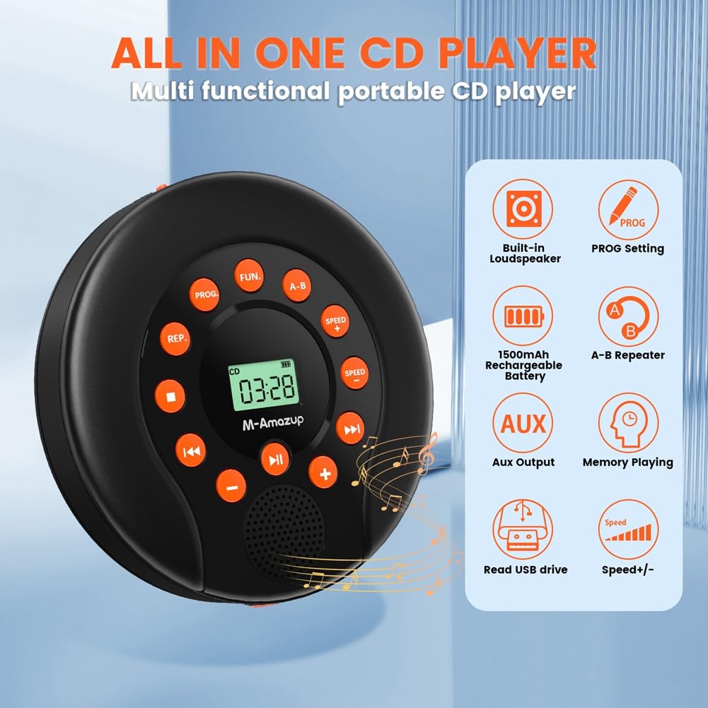 Lecteur de Cassette Audio, Lecteur CD Portable, Batterie Rechargeable de 1500 MAh, Haut-Parleurs Stéréo Doubles, Fonction de Lecture AUX/USB pour Voiture.