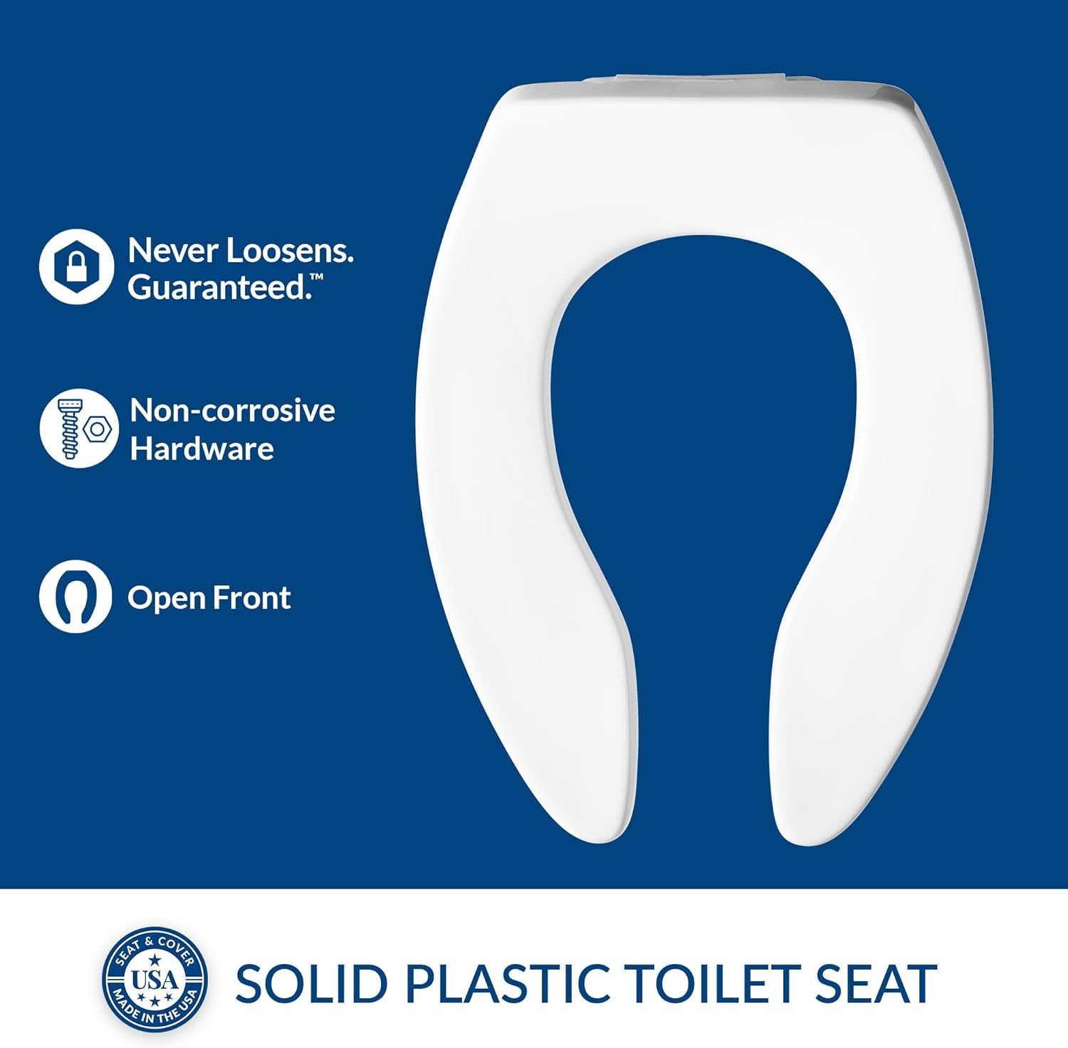 BEMIS 1655CT Commercial Open Front Plastic Toilet Seat, Heavy Duty Industrial Seat without Lid for Long Lasting Use, Made in USA, Elongated, White