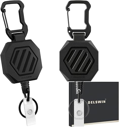 DELSWIN Paquete de 2 carretes retráctiles para insignias llavero retráctil resistente con llavero y clip para insignia correa compacta para llave