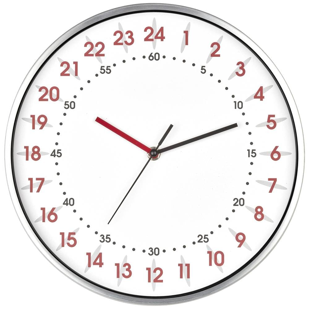 TFA Dostmann Analogue Wall Clock 24 Hour Display, 60.3069.02, with Red Hour and Black Minute Numbers, Aluminium Frame, Glass Cover, White