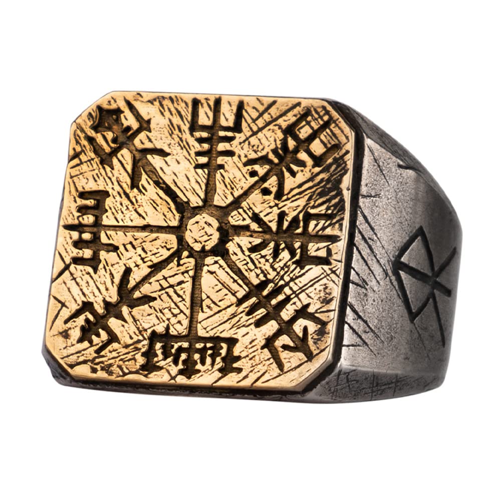 Two Tone 925 Sterling Silver Viking Vegvisir Ring Signet Ring Nordic Compass Jewelry for Men Women Open Adjustable