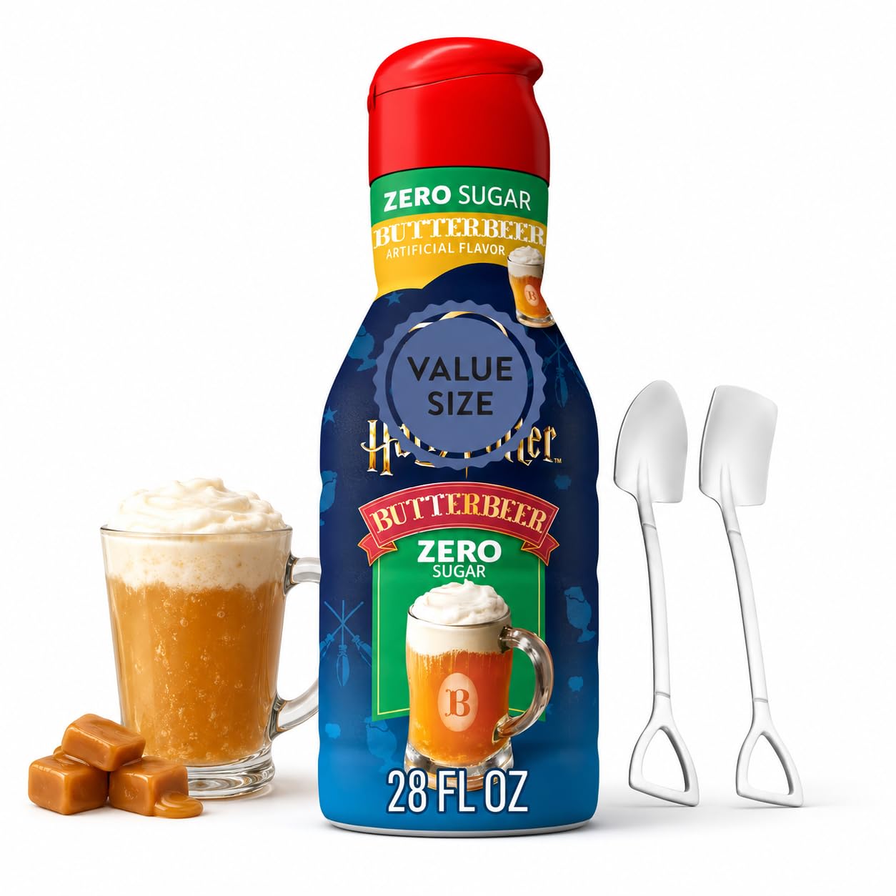 Premium Non-Dairy Liquid Creamer, 28 fl oz Bottle of Delightful Creamer with Dumbass Coffee Mini Metal Shovel Spoons (Butter Beer Zero Sugar) Shovel Spoons
