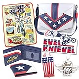 Celebrate the legendary stunt performer and entertainer, Evel Knievel, with this death-defying collectibles bundle! Bundle includes: 1x Evel Knievel Jumpsuit Messenger Bag. Made of sturdy faux leather, this bag features a design inspired by Evel's iconic white leather jumpsuit. Bag features a spacious main padded inner compartment able to hold a laptop up to 15-inches; 1x Evel Knievel Men's Bi-Fold Wallet. Men's bi-fold style wallet features a design inspired by Evel Knievel's jumpsuit! With