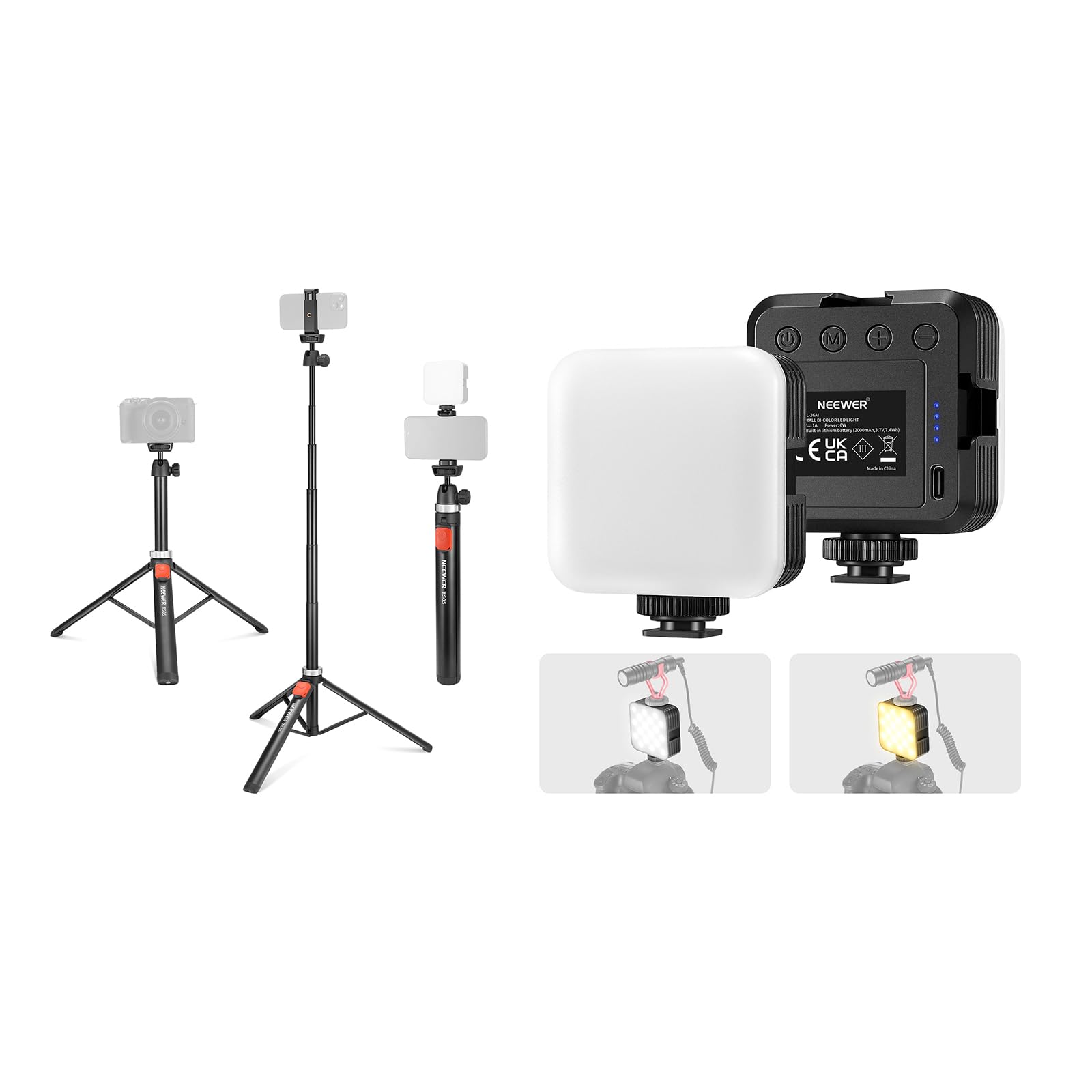 NEEWER NL-36AI LED Video Light and TS05 Phone Tripod for Cell Phone & Camera with Remote, Portable Bi Color 3200K~5600K Dimmable Camera Soft Light with 3 Cold Shoes, 2000mAh Rechargeable Battery