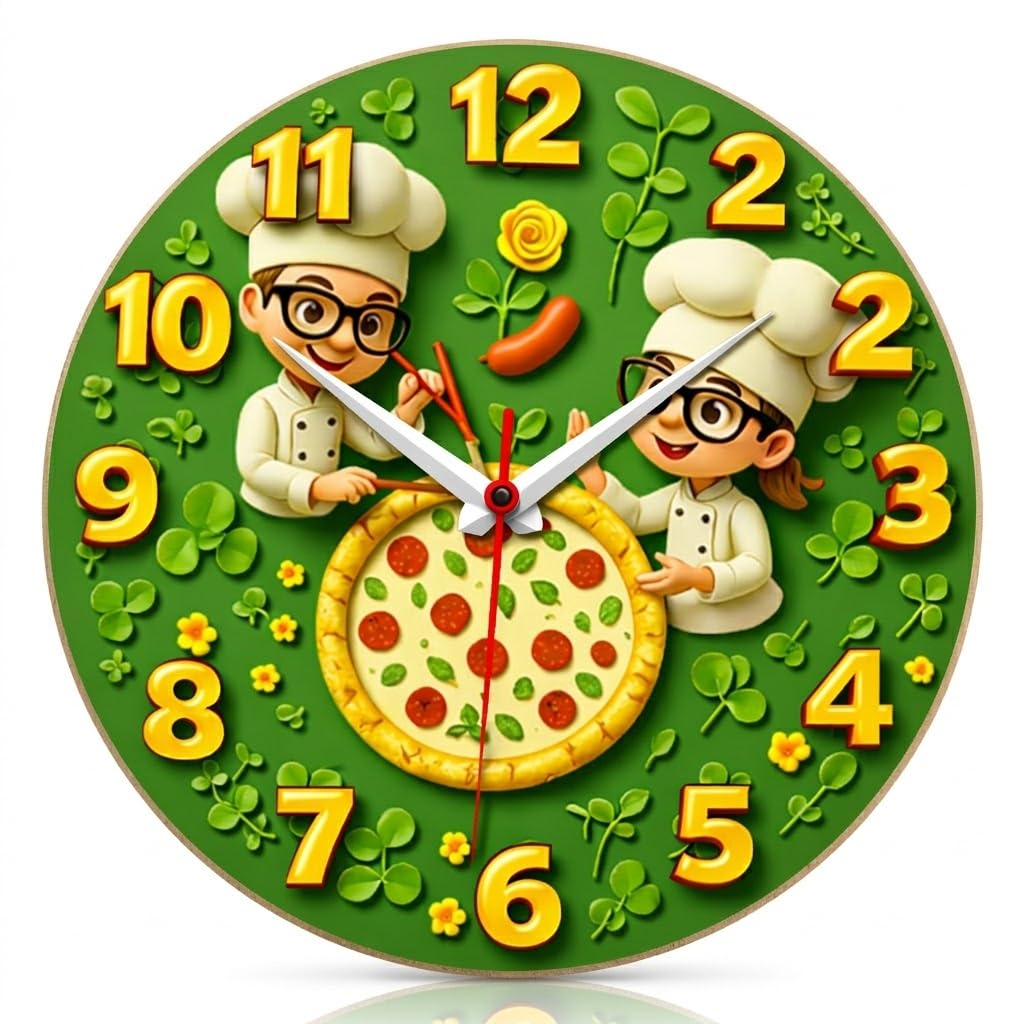 Chef Pizza Theme Wall Clock 12 Inch | Kitchen & Cafe Decor Cartoon Chef Clock | Silent Sweep Non Ticking | 6mm Pine MDF Decorative Wall Clock-image-39