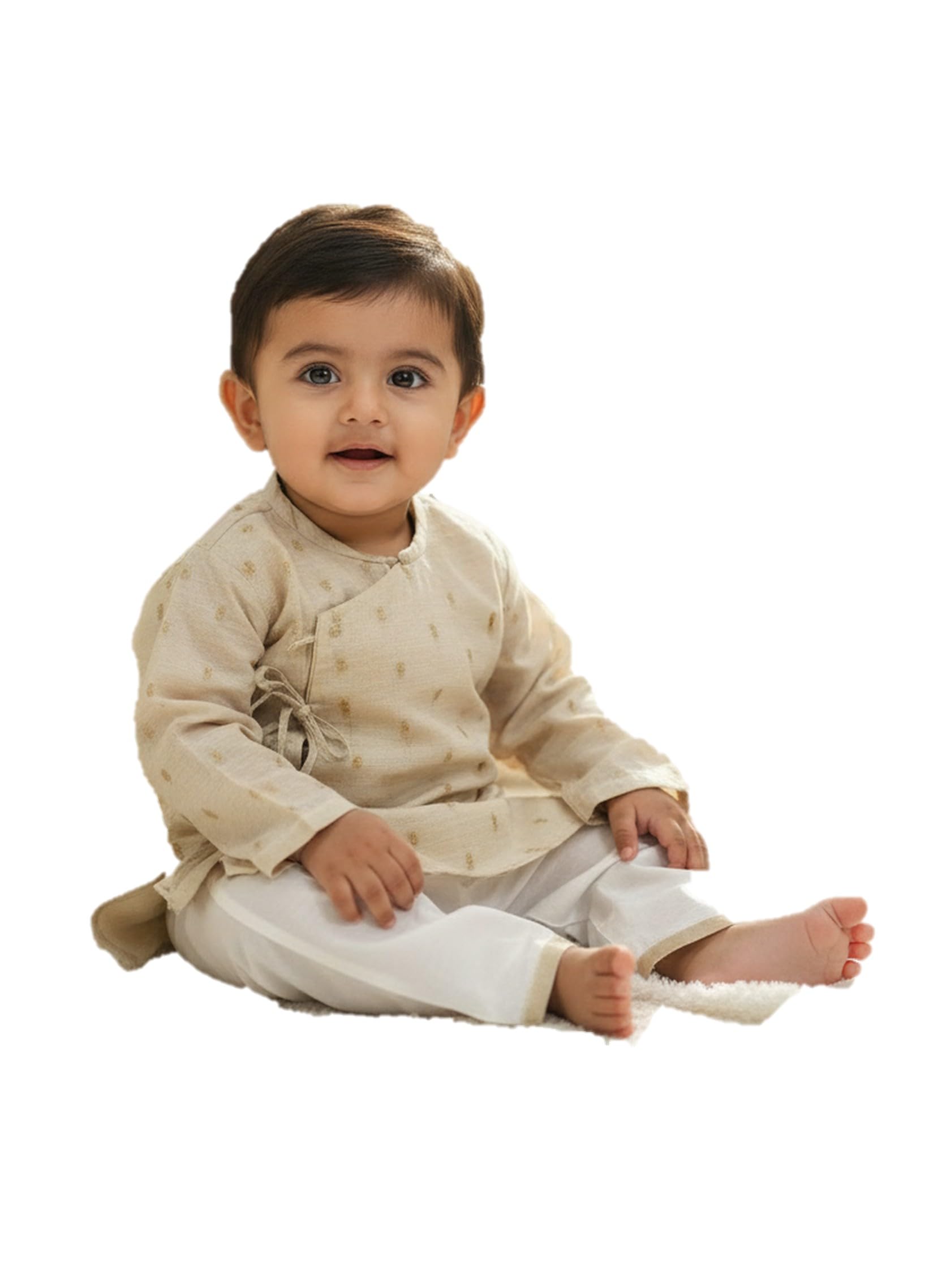 Baby Boy Silk Blend Kurta Pyjama Set, Beige Angrakha Style kURTA(0 To 12Month) Cream-image-40