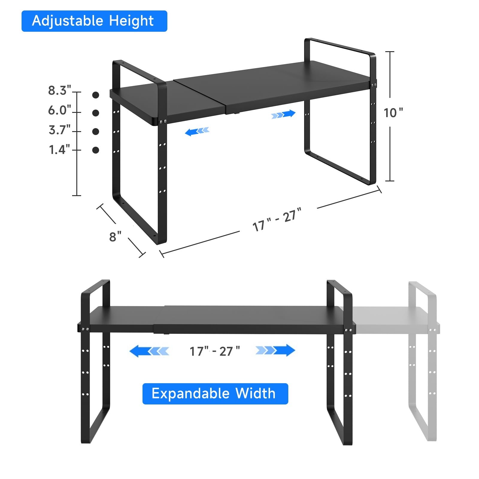 Erweiterbarer Schrank-Organizer, stapelbar, Küche, Speisekammer, Theke, Aufbewahrung, verstellbarer Schrankständer, Gewürz-Organisation, 36,3 kg, strapazierfähig, schwarz, 2 Stück