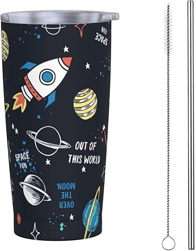 Miniatura 9 de Dujiea Vaso de 20 onzas con tapa y pajilla, elementos espaciales, estrellas y planetas, aislado al vacío, taza de café helado, taza de viaje