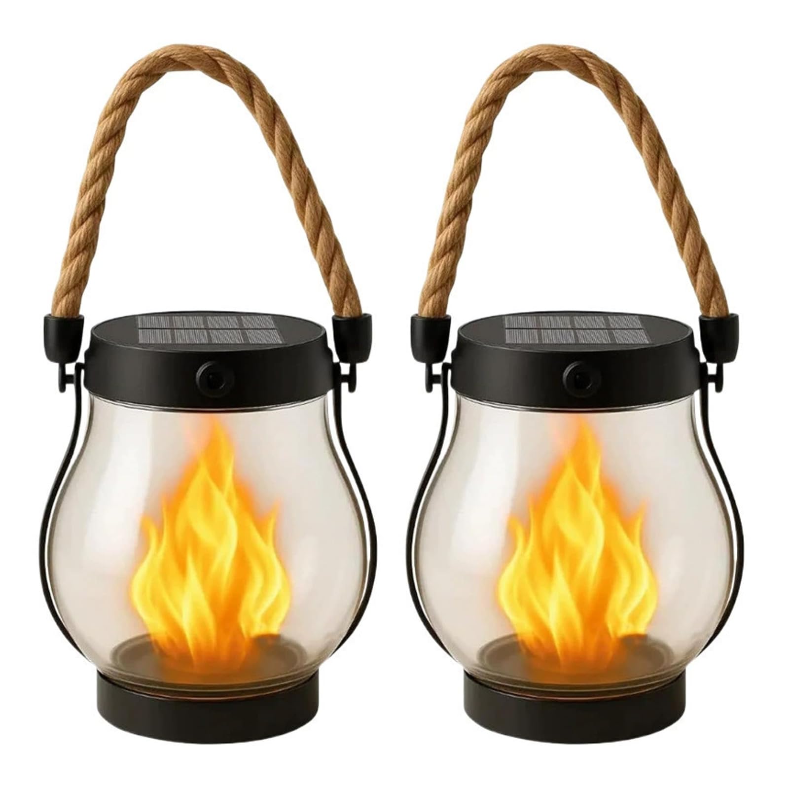 Klynero Solar Laterne mit Flammeneffekt Groß, Klynero Solar Laterne Outdoor IP65, Gartenlaterne mit 3 Lichtmodi, USB-C Ladeoption, Dekorative Solarlampe für Garten, Terrasse (Schwarz, 2pcs)