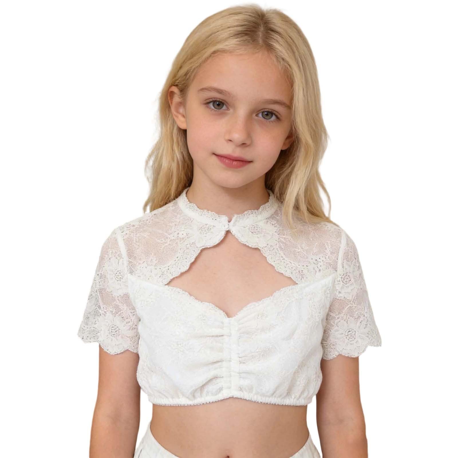 Dirndlbluse Mädchen Flügelärmel Trachtenbluse Weiß Kurzarm Spitzenbluse Stehende Dirndlblusen Tracht Bluse mit Knopfleiste Trachtenblusen Trachten Oberteil für Oktoberfest (03 White, 7-8 Years)