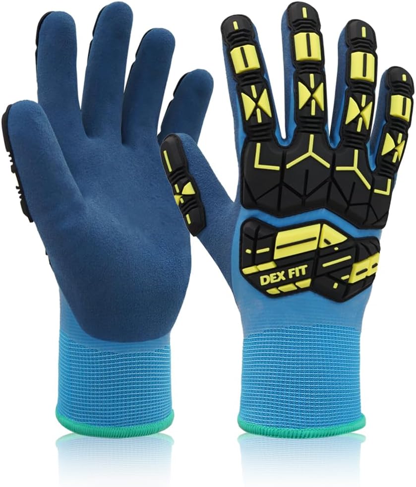DEX FIT Waterproof Work Gloves WD220 Double, Thermal and Insulated with Warm Fleece, Comfortable and Flexible Fit, Non-slip Sandy Latex Grip, Machine Washable; Blue XL (10) 3 Pairs