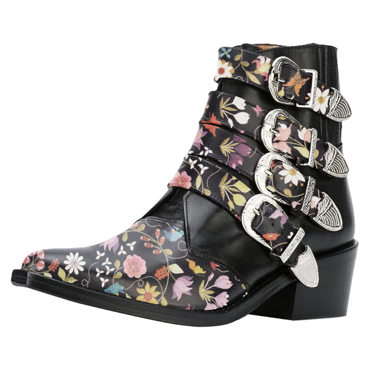 FOWT Women Platform Pointed Toe Ankle Boots Chunky Block Low Heel Short Booties Fashion Buckle Strappy Street Shoes