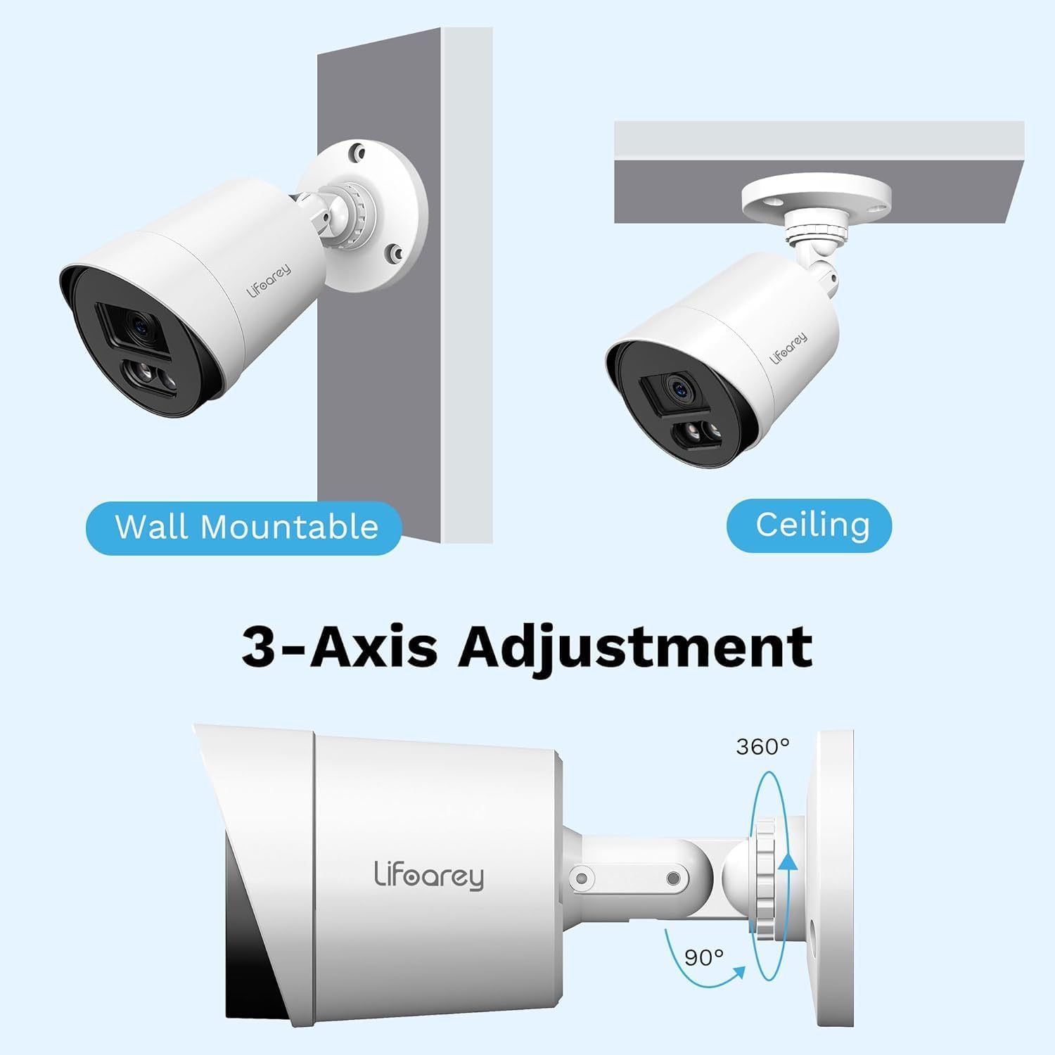 Diagram showing wall mount and ceiling mount options for the security camera, along with a 3-axis adjustment diagram.