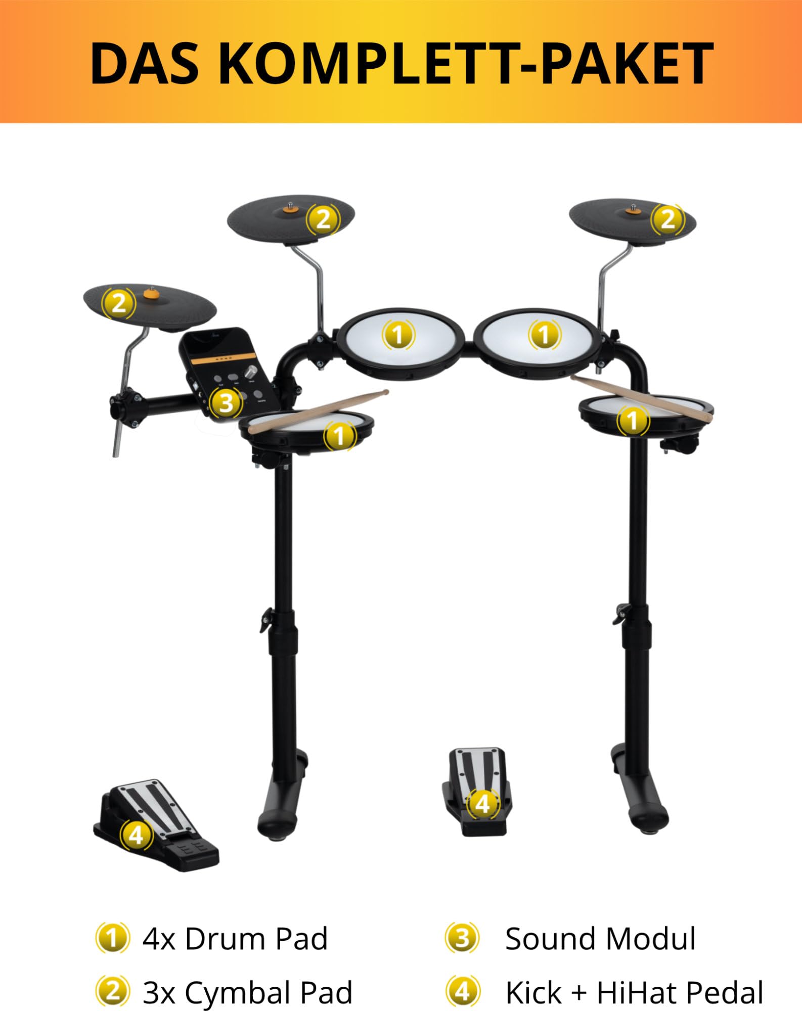 XDrum DD-250 E-Drum Set con Mesh Heads - Batteria elettronica con 4 pad mesh head, 3 pad piatti, controller a pedale Kick & Snare, rack e bacchette - 12 preset kit con 68 suoni e 10 brani playalong