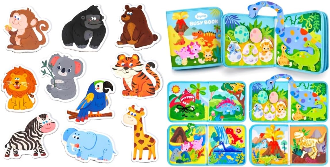 JoyCat Wooden Fridge Magnets for Toddlers - 10 Cute Zoo Animals + Toddler Dinosaur Busy Book