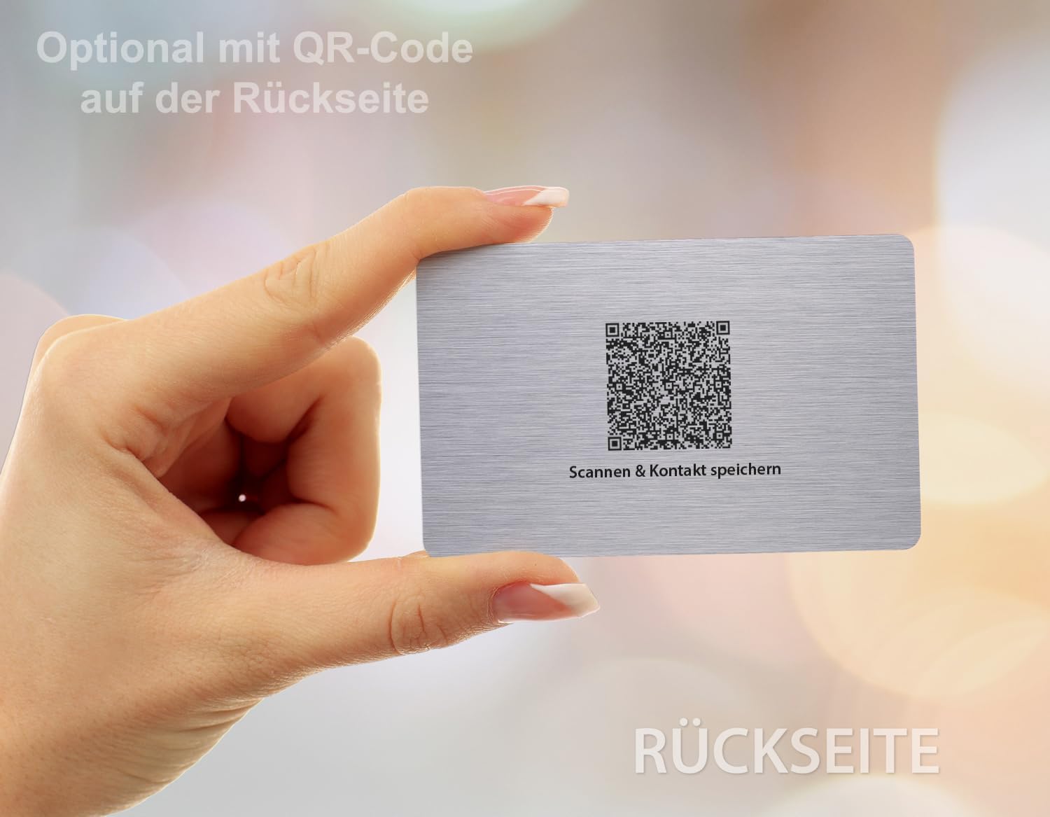 100 Visitenkarten, laminiert, 85 x 55 mm, inkl. Kartenspender - Design Alu gebürstet