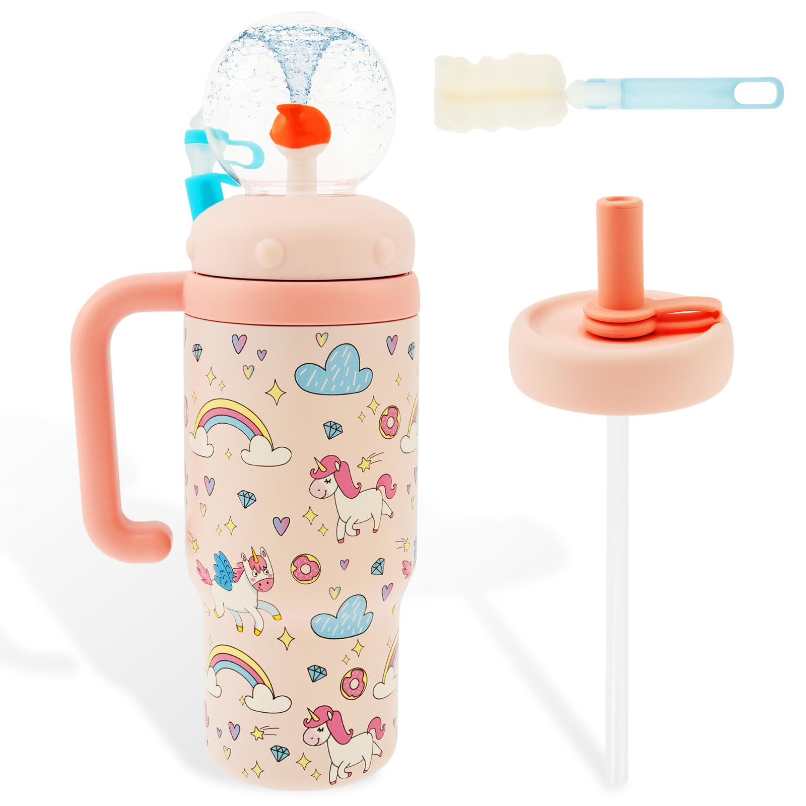 VAVPUP Edelstahl Walbrunnen Tumbler mit Griff,710ml,Auslaufsicherer Wal-Trinkbecher mit Henkeldeckel und Strohhalm, Süße Trinkflasche für Kinder, Jugendliche und Erwachsene,Spülmaschinenfest(Rosa)