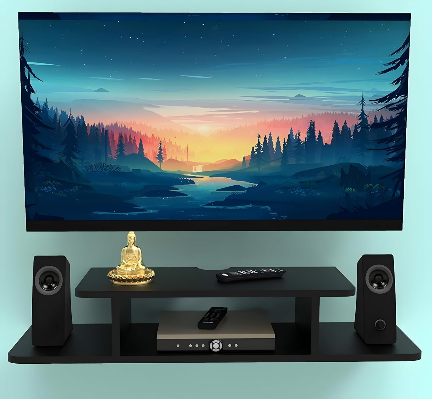 Dinise Deco Tv Entertainment Unit Set Top Box Stand Wall Mounted Shelf Racks Wooden Tv Cabinets For Home Living Room Floating Shelves For Bedroom - Black