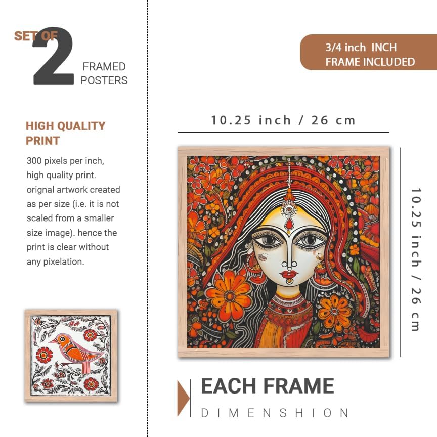 Image of NoWorries Pichwai Wall Art Framed Paintings Set of 4 | Indian Traditional Folk Art Prits with Frames for Living Room, Bedroom and Office Decor | Premium Digital Madhubani Artwork frame