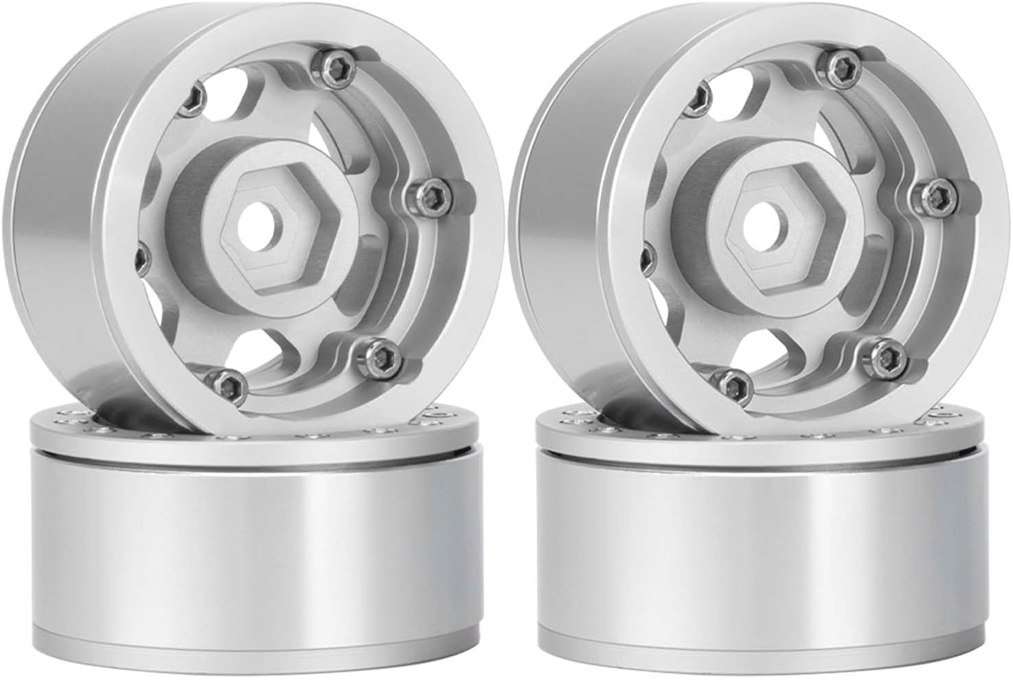 4PCS 1.55 inch Metal Beadlock Wheels Rim Hub RC Aluminum Alloy Wheel Replacement for 1:10 RC Rock Crawler Car for Axial 90069 D90 TF2 Tamiya CC01 MST JIMNY Parts (Silver)
