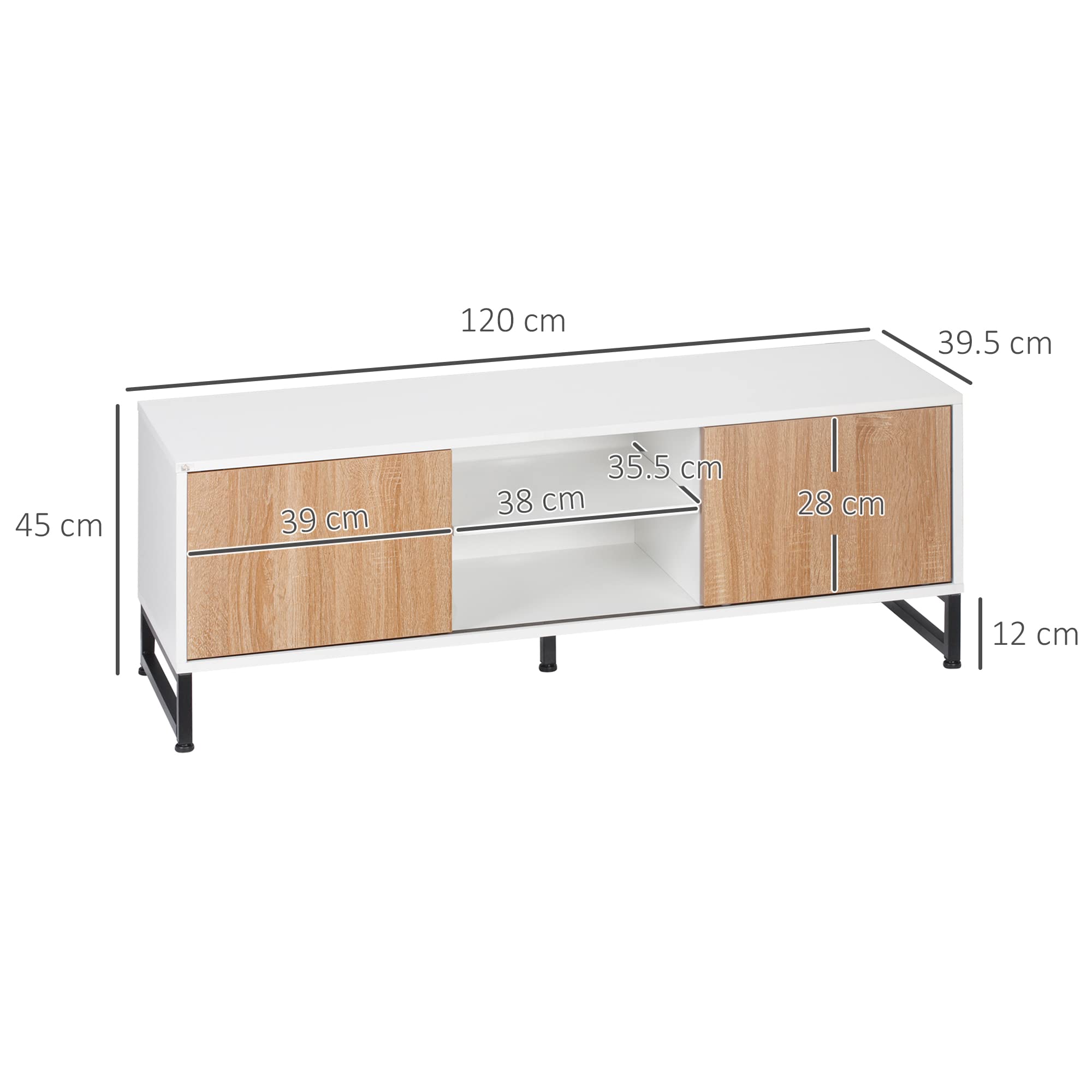 HOMCOM Mobile TV per Modelli fino a 50" max, Mobile TV Moderno in Truciolato e Acciaio con 2 Ripiani Aperti e 2 Armadietti Chiusi, 120x39.5x45 cm