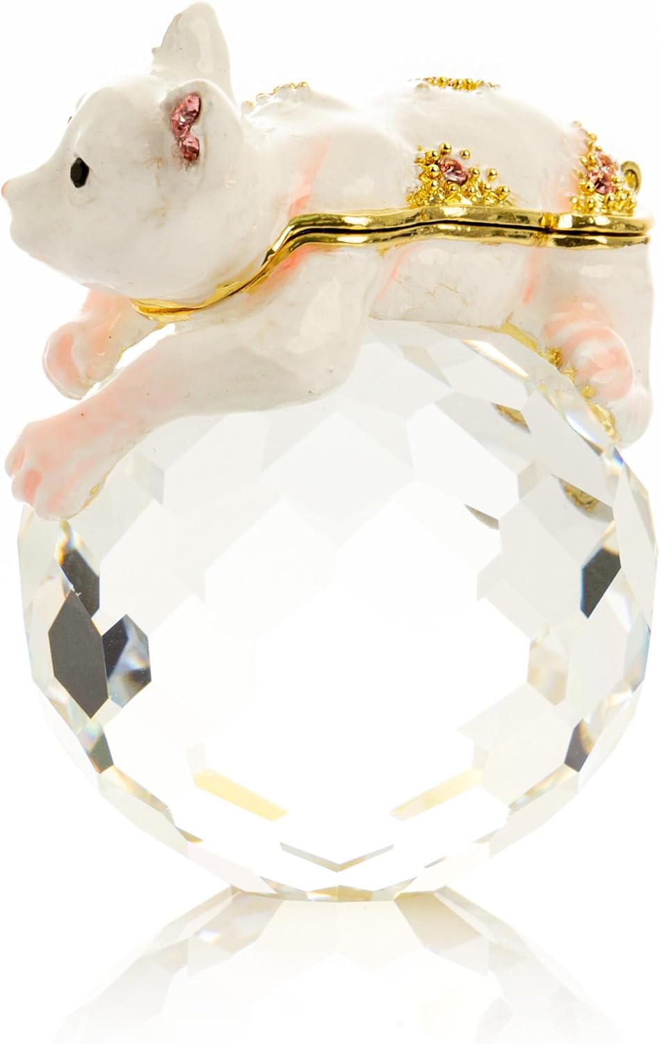 Keren Kopal White Cat on Crystal Trinket Box Decorated with Crystals Handcrafted