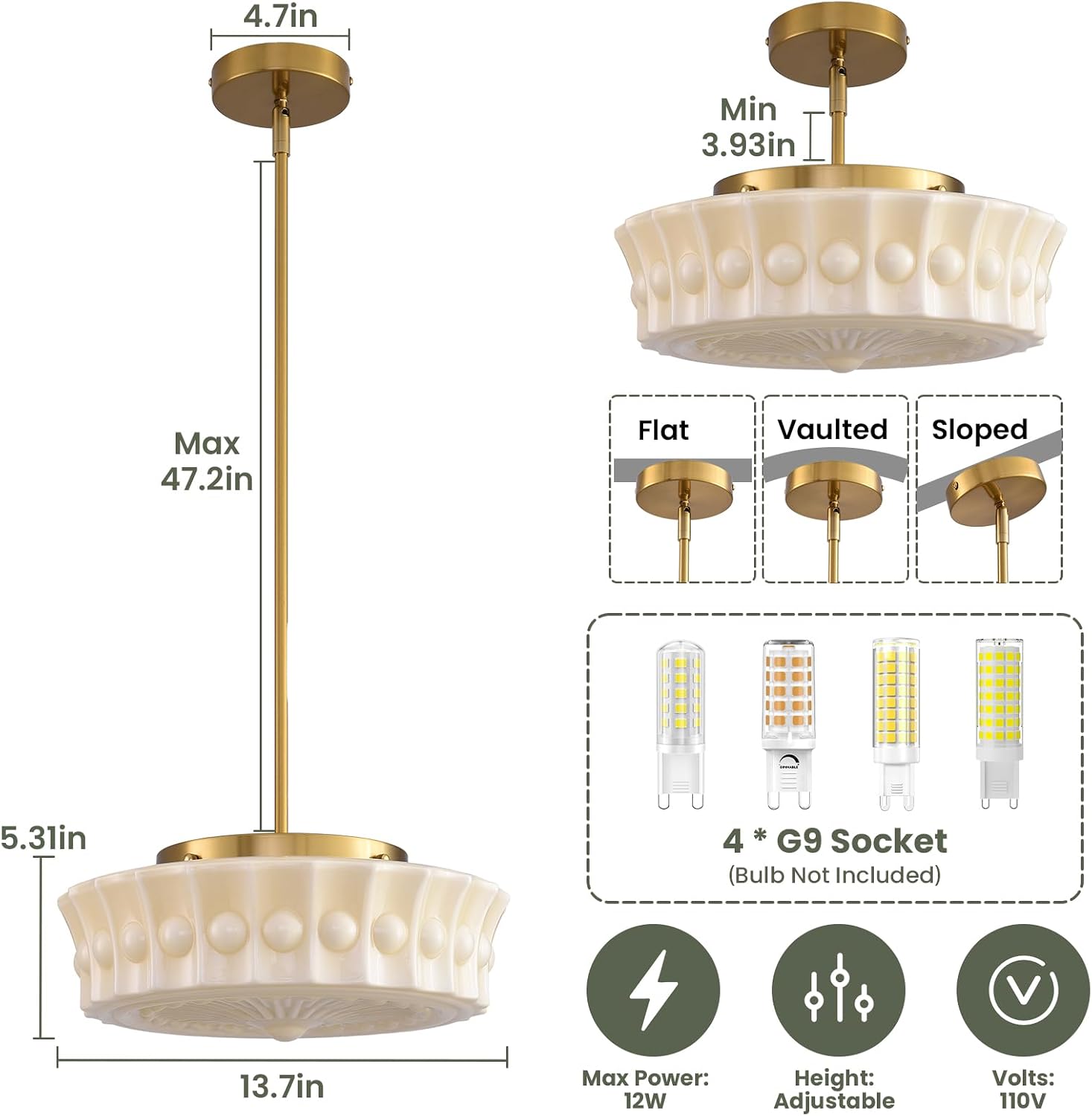 Cream Glass Pendant Lights Kitchen Island, Gold Mid Century Kitchen Island Lighting Fixure with Adjustable Height, 13.7" Vintage Kitchen Pendant Lighting over Island for Bedroom Bathroom Dining Room