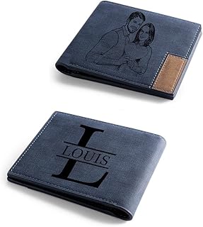 Custom Mens Wallets Photo Engraved Leather Wallets for Men Personalized Wallets for Men Birthday Valentines Day Gifts, Blue, Fahsion