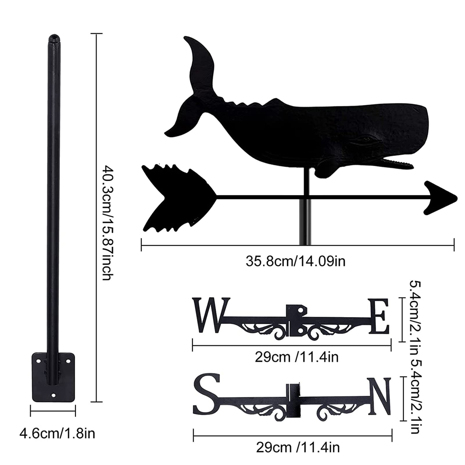 XWNGDAFEVF Weathervane Ocean Life Metal Ornament Weather Vane Wind Direction Indicator Roof Mount Wind Vane for Farm Garden Yard Patio Decor, Whale, 1960327-cecqc