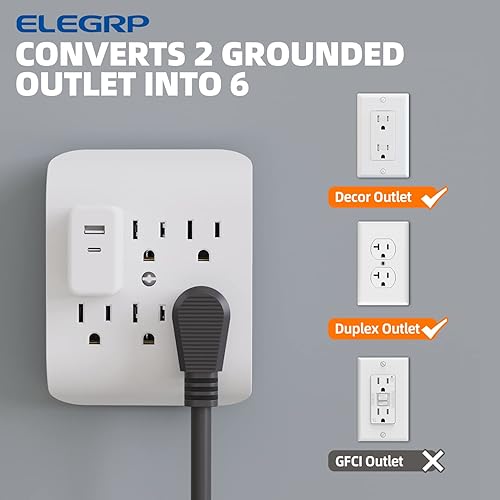Miniatura 10 de ELEGRP Extensor de salida con 3 salidas giratorias protectoras contra sobretensiones, adaptador de enchufe múltiple con 3 puertos USB, regleta de