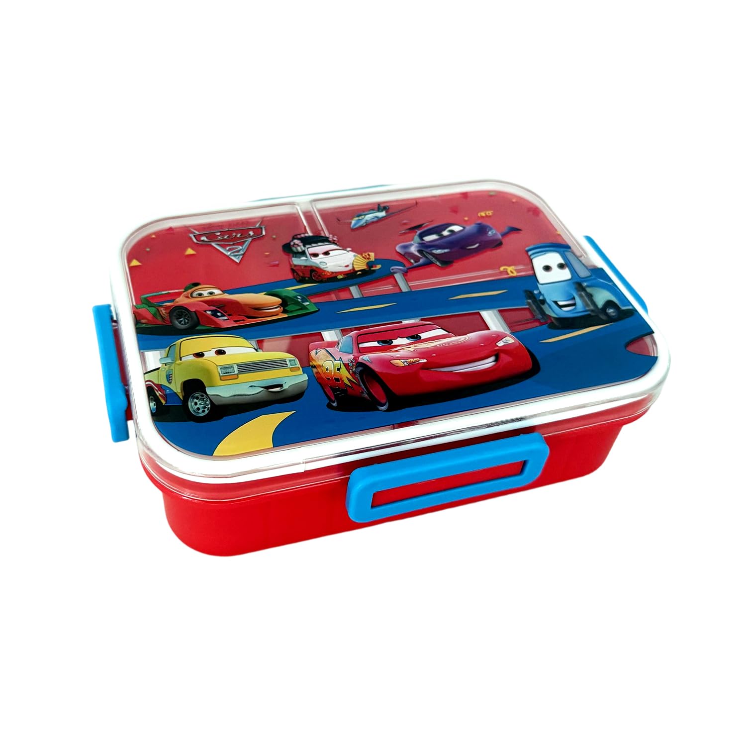 MIZT 3 Compartment Bento Lunch Box 1400ml, Cars Themed Lunch Box, School Lunch Box with Cutlery, Perfect for School, Office, Picnic