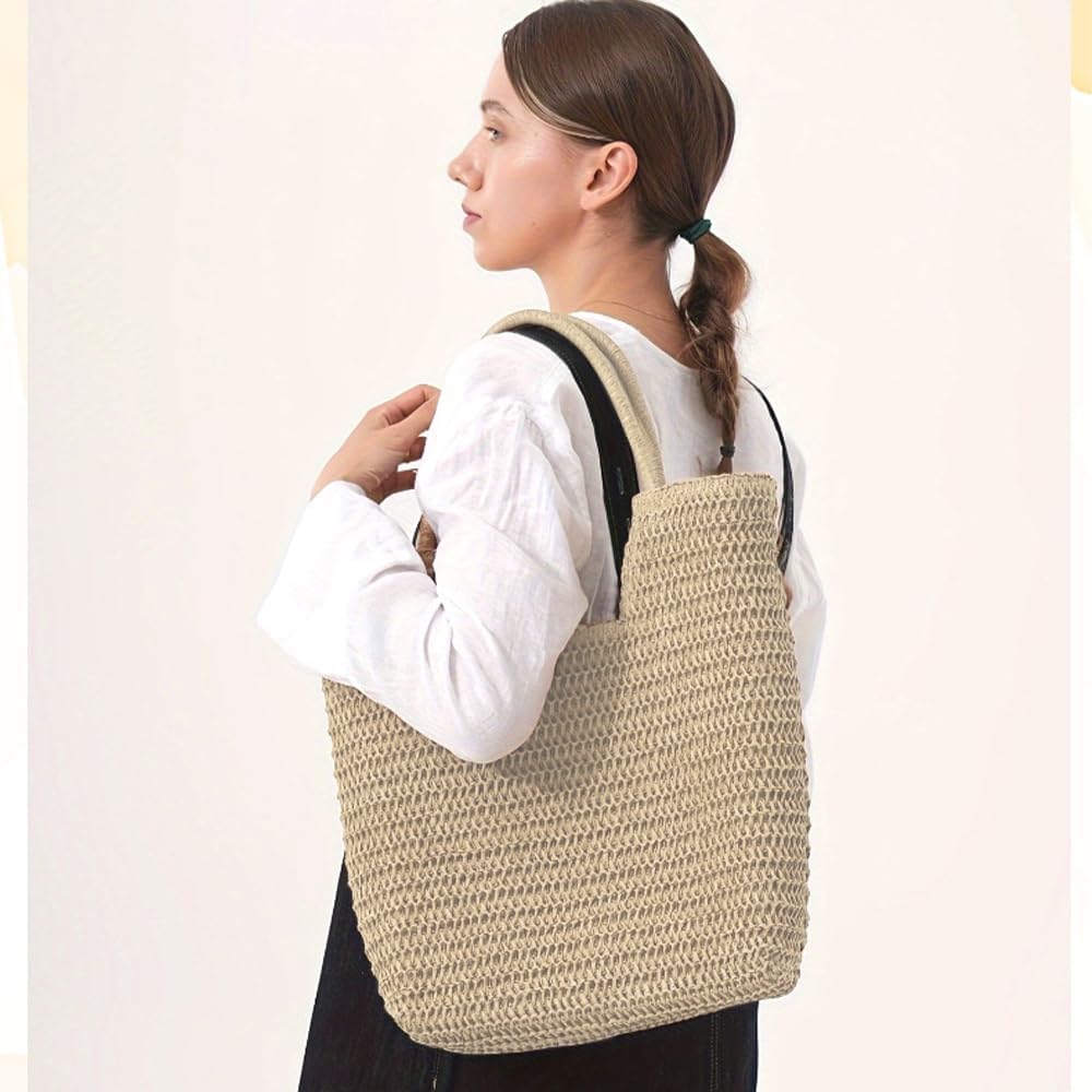 OULIGET Straw Beach Bag,Weaving Swim Shopping Travel Bag With Zipper, Casual Boho Summer Woven Tote Bag for Women