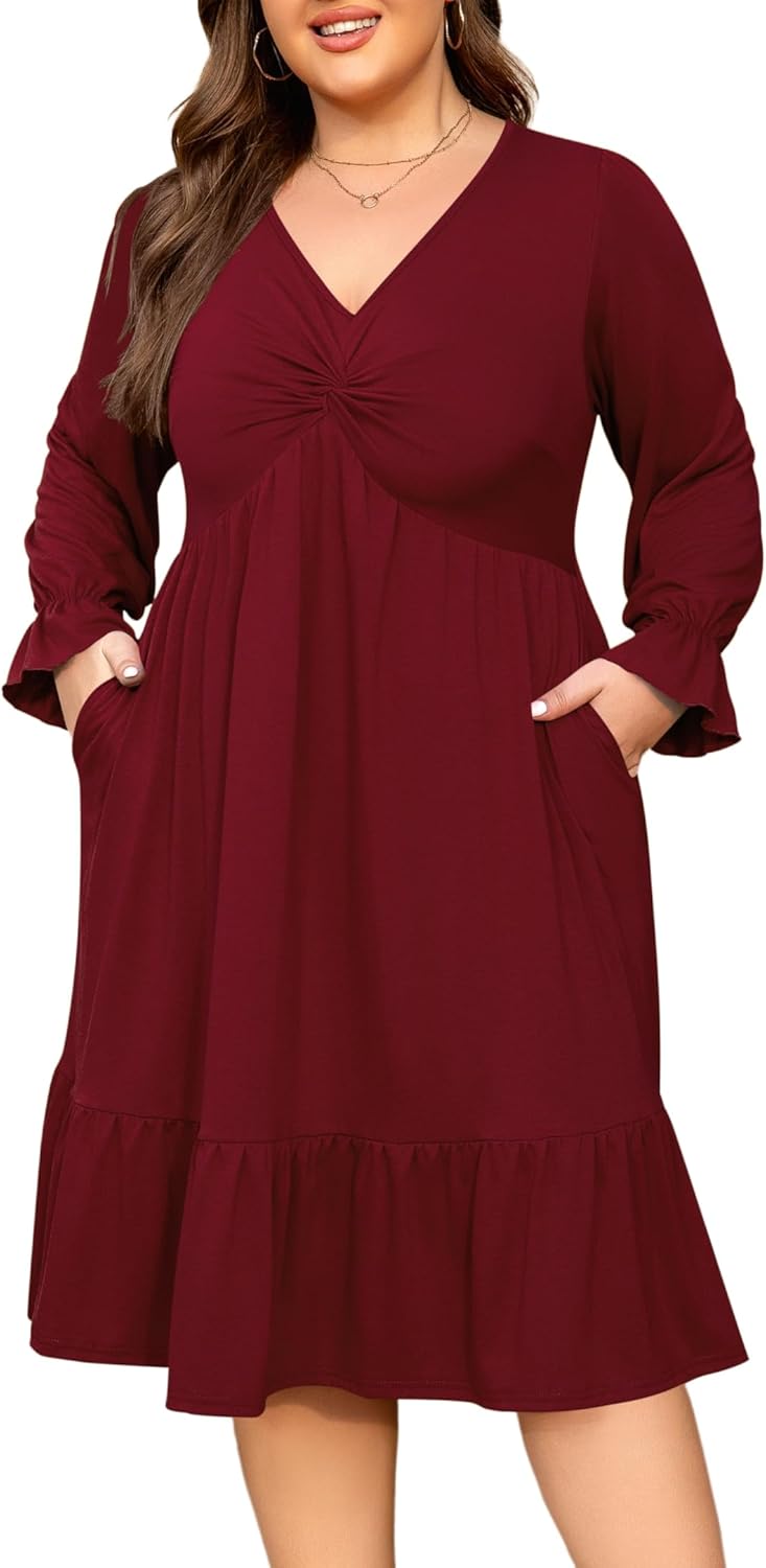Women's Plus Size Dress Casual Long Sleeve V Neck Twist Knot Front Flowy Dress - Image 8