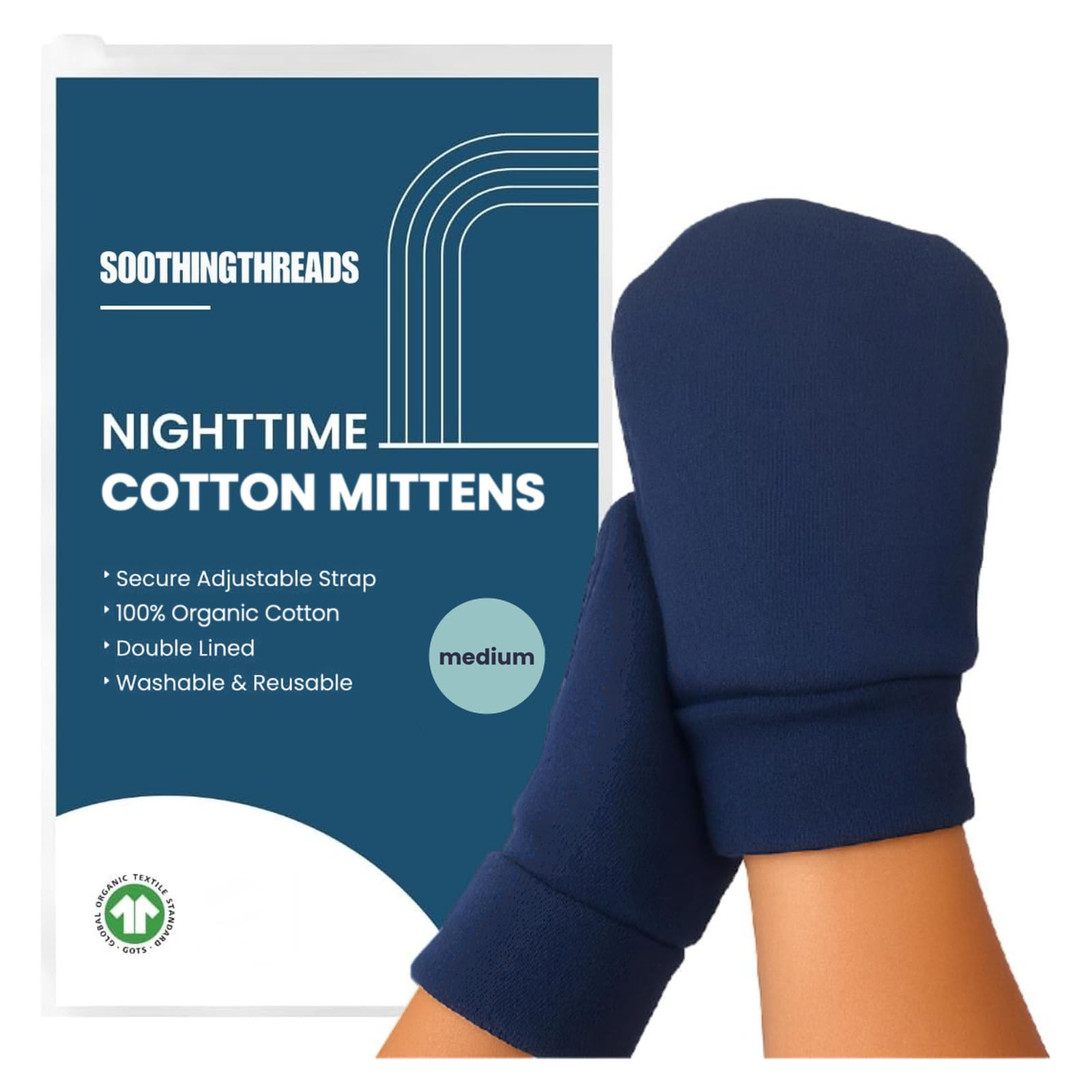 Photo 1 of SoothingThreads 100% Organic Cotton Eczema Mittens for Adults – Anti-Scratch Nighttime Sleeping Gloves with Secure Adjustable Strap, Reusable & Washable – 1 Pair, S/M/L (Navy, Medium)