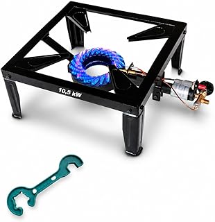 Bluecraft Profi Hockerkocher Gas 10,5 KW Gaskocher für Gasflasche Gasbrenner Gusseisen Räucherofen Camping Wokbrenner mit Zündsicherung und Piezozündung Campingkocher Outdoor Gasregler Schlüssel