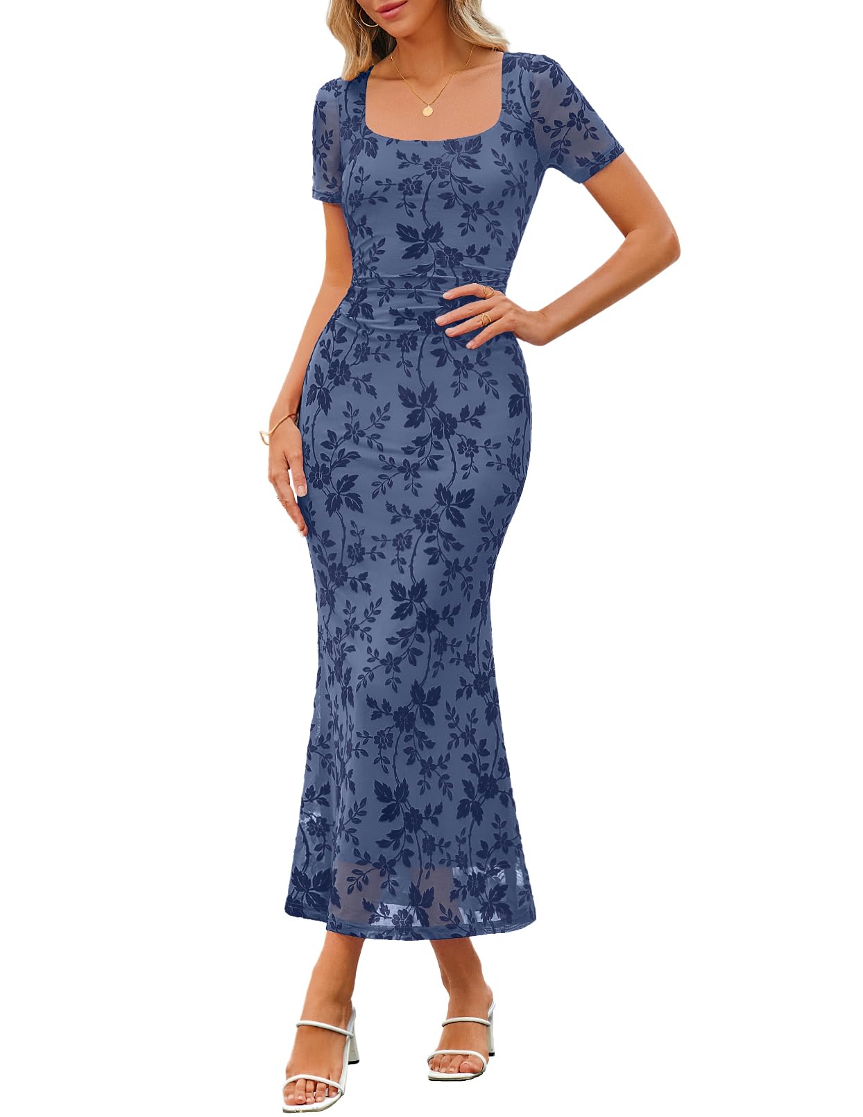 MEROKEETY Women Summer Floral Bodycon Maxi Dress 2026 Spring Wedding Guest Square Neck Short Sleeve Mesh Cocktail Party Dress - 2