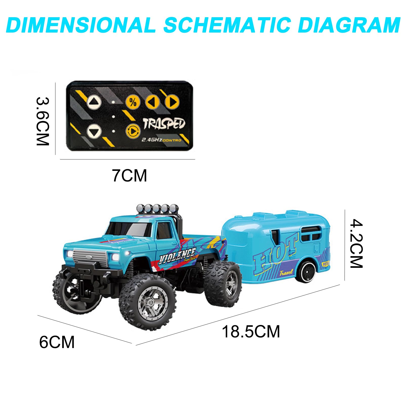 Blue Mini RC Monster Truck, 1/64 Scale Alloy Remote Control Cars with Mini Bus Toy - Image 2