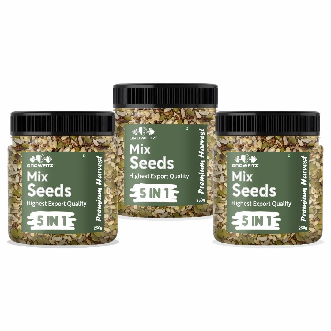 Growfitz 5-in-1 Super Seed Mix | Pack of 3 (250g Each)| 20.5g High Protein & Fiber | Roasted Pumpkin, Sunflower, Flax, Chia, Soy Nuts & Sesame | Healthy Snack | Export Quality Superfood