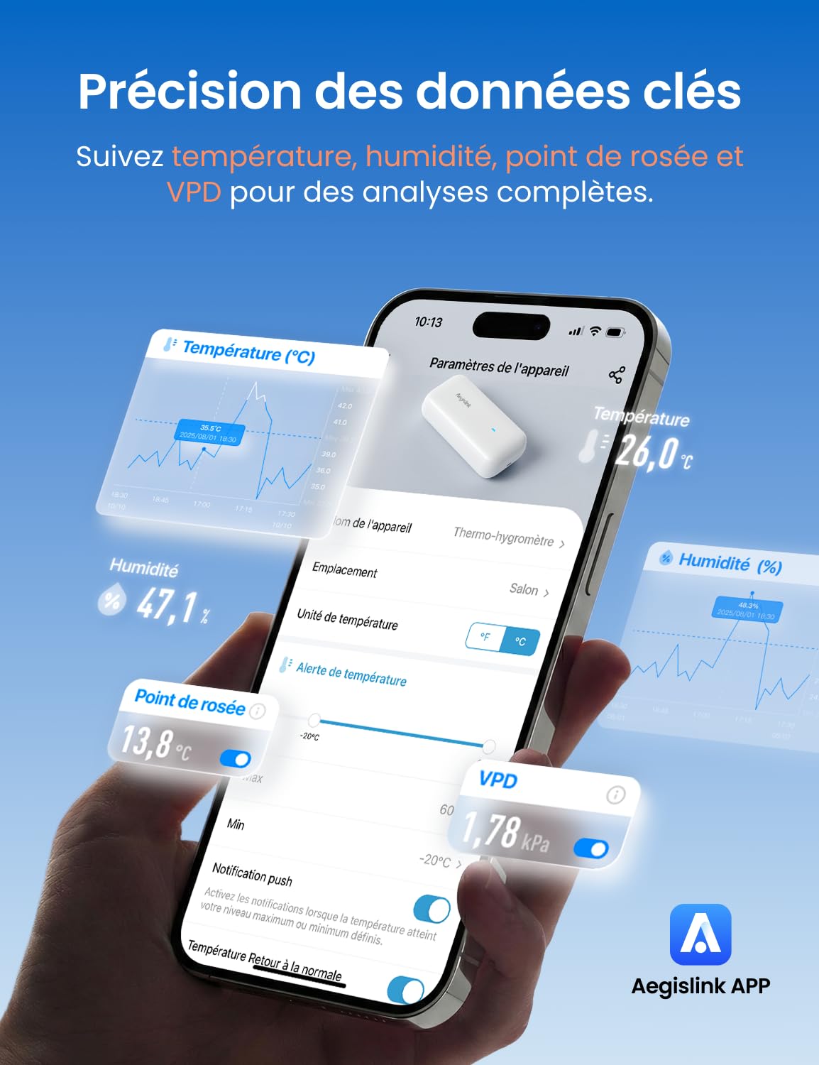 AEGISLINK Hygromètre Thermomètre WiFi, Moniteur de Température Intelligent, Mini Capteur d’Humidité avec Notification, Stockage et Export de Données, Compatible Alexa, ATHZ31 | Compatible Alexa, Notifications, Stockage et Export des Données