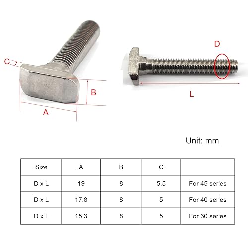 Miniatura 5 de Perno de ranura en T de acero inoxidable M8x20mm 304 Serie 40 Perfil de aluminio en forma de T Tornillo de 0.701 in Tamaño de la cabeza