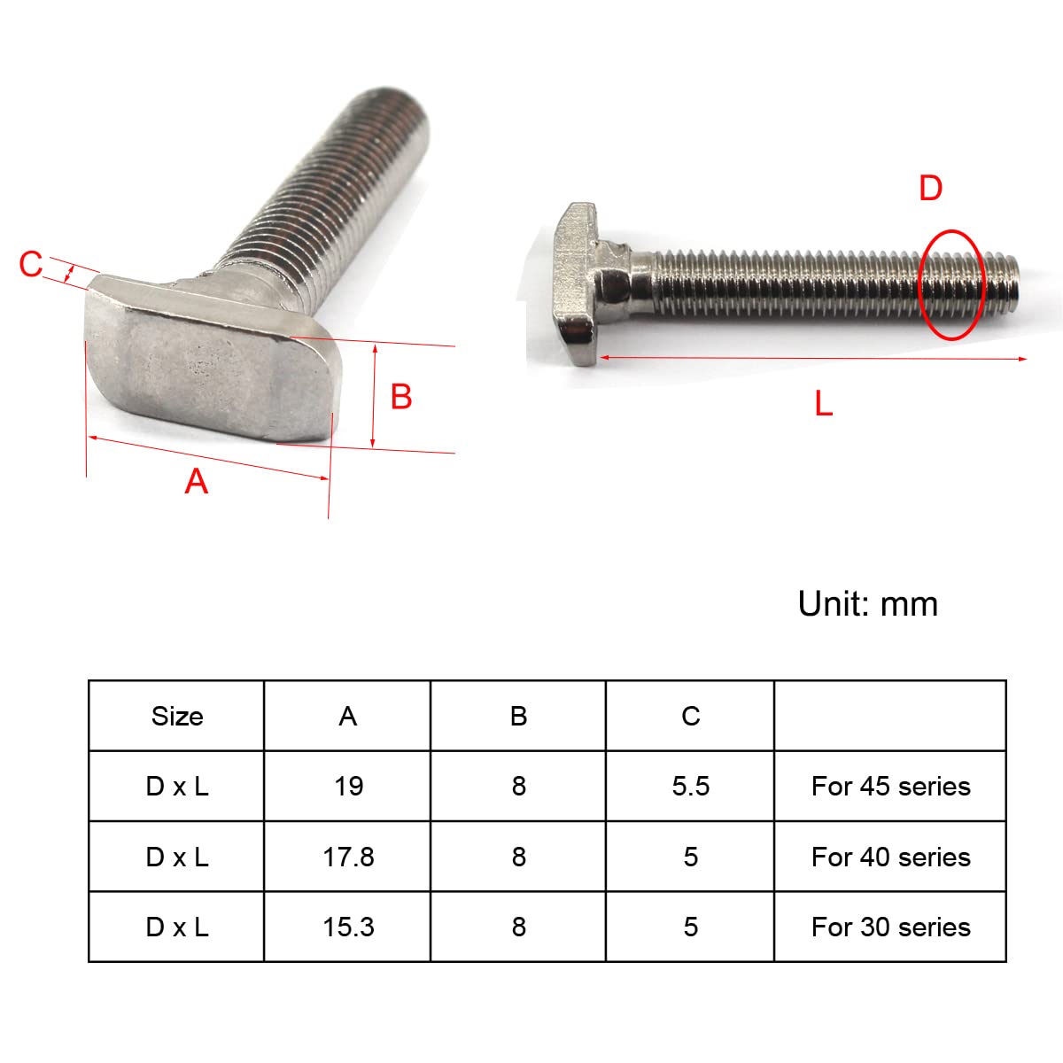 20Pcs M6x16 304 Stainless Steel T-Slot Bolt 30 Series Aluminum Profile T-Shaped Screw Bolt Fastener 15.3mm Head Size - Image 4